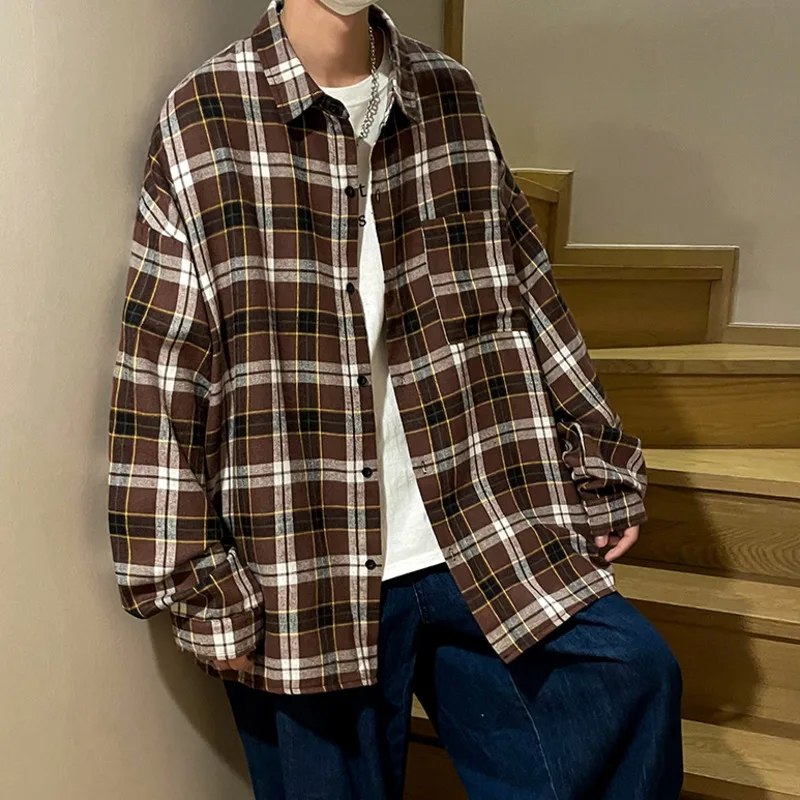 

NoEstaMal Vintage Plaid Men Shirts Harajuku Casual Cardigan Blouse New Japanese Male Long Sleeve Shirt Streetwear Men Clothing