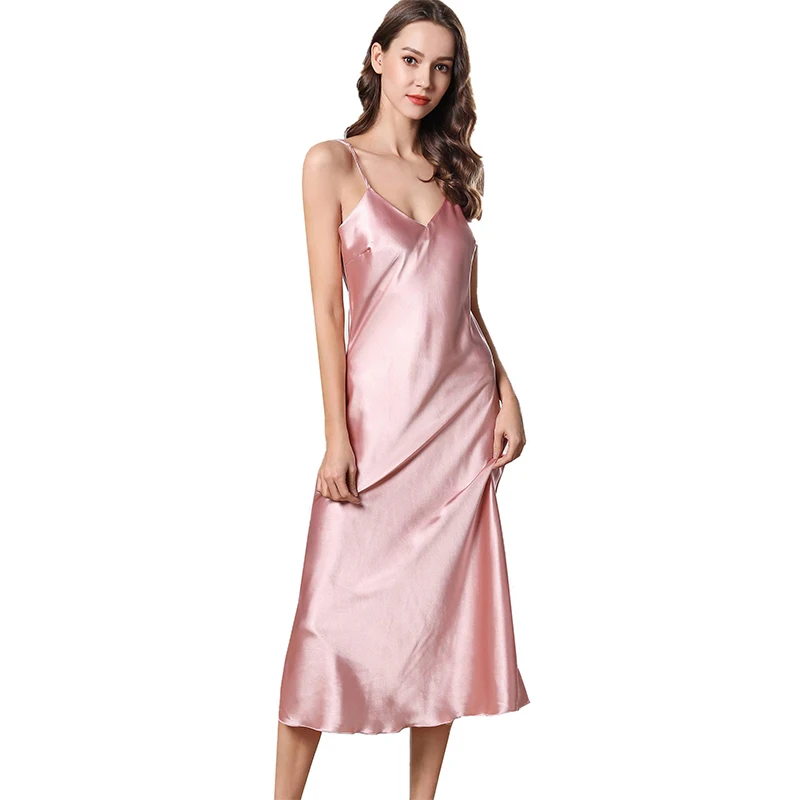 Sleepwear for Women's Summer Cool Thin Sling Nightgowns Silk Solid Color Loungewear with V-neck Sexy and Simple Style Homewear