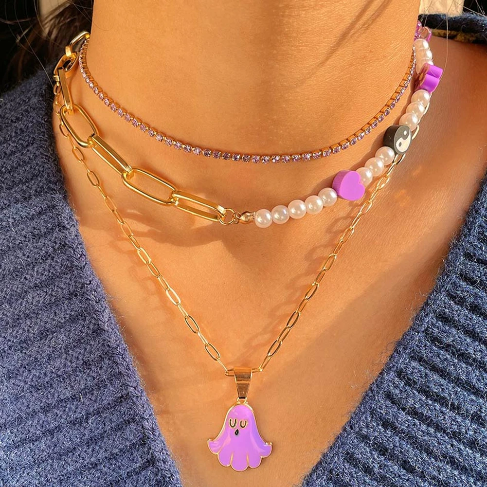

New Ghost Pendant Shiny Purple Crystal Chain Necklace For Women Heart Flower Yin Yang Pearl Beaded Necklace Collar Boho Jewelry