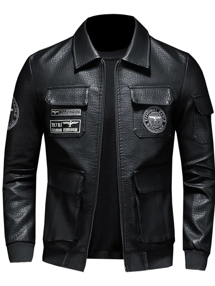 

Men's Spring and Autumn New Casual Slim Embroidered Pu Leather Jacket Long Sleeve Jacket Lapel Zipper Large Size M-5XL Jacket