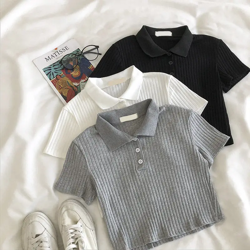 

2022 Spring Summer Polo Collar Knitted Short Sleeve T-shirt High-waist Solid Slim Tops Korean Fashion Sports Shirt for Female
