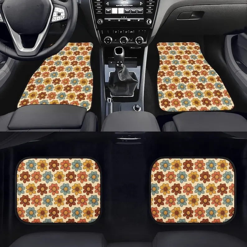 

Retro Colorful Smiling Flowers Car Floor Mats - Funky Flower Hippie Car Decor, Chic Vintage Car Accessories, 60s 70s 80s,