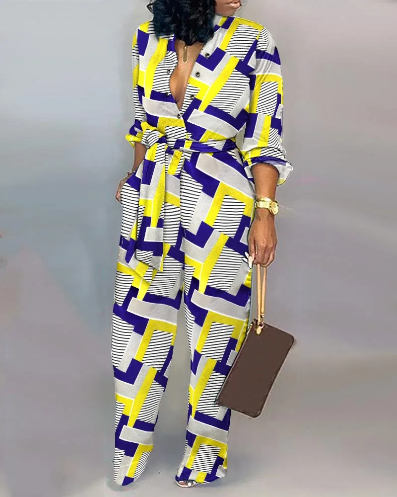 

Women Pants High Waist Fashion Casual Geometric Print Button Front Belted Jumpsuit Summer Spring Sashes