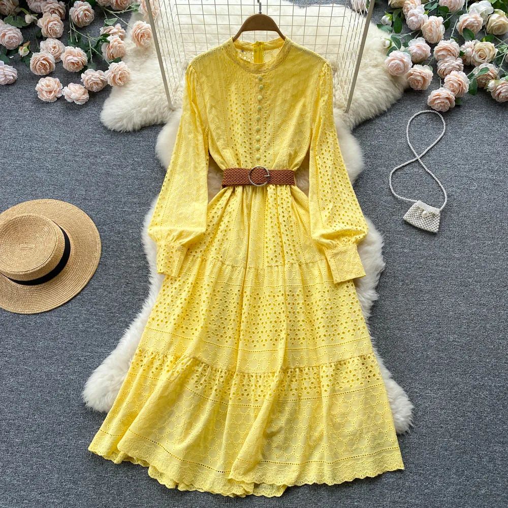 

French Round Neck Long Sleeve A-line Dress Women New Fashion Spring Autumn Lace-up Slim Hollow Embroidery Elegant Vestidos G927