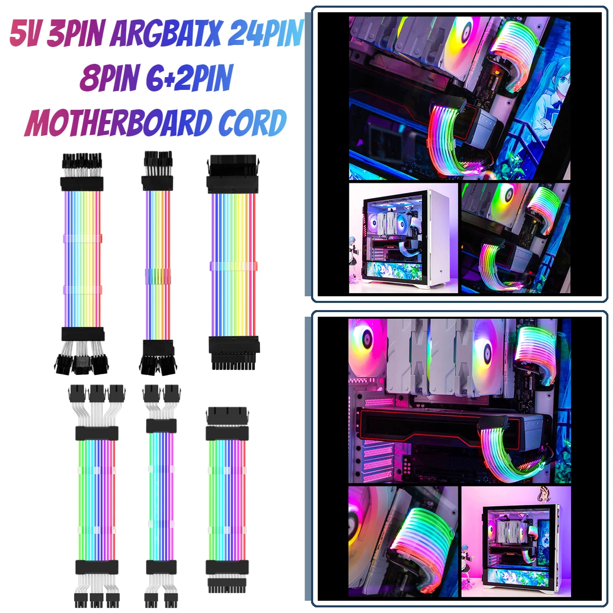 

Удлинительный кабель 5 В, 3 контакта, ATX, 24 контакта, 24 см, удлинительные разъемы, кабель GPU, 8 контактов, 6 + 2 контактов, удлинительная линия Aura Sync...