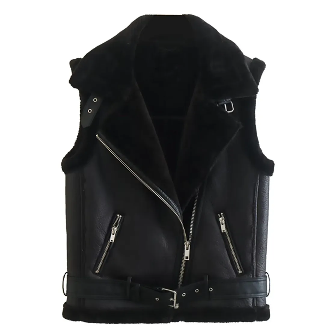 

Jenny&Dave England Style High Street retro Zippers Fur Vest Women Leather Jacket Coat