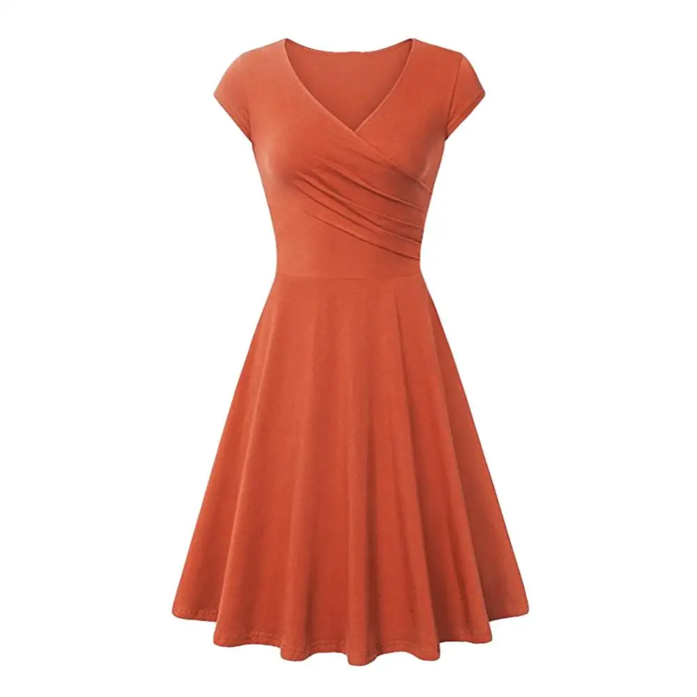 

Fashion Women Solid Color V Neck Short Sleeve Plated Swing Party Banquet Dress