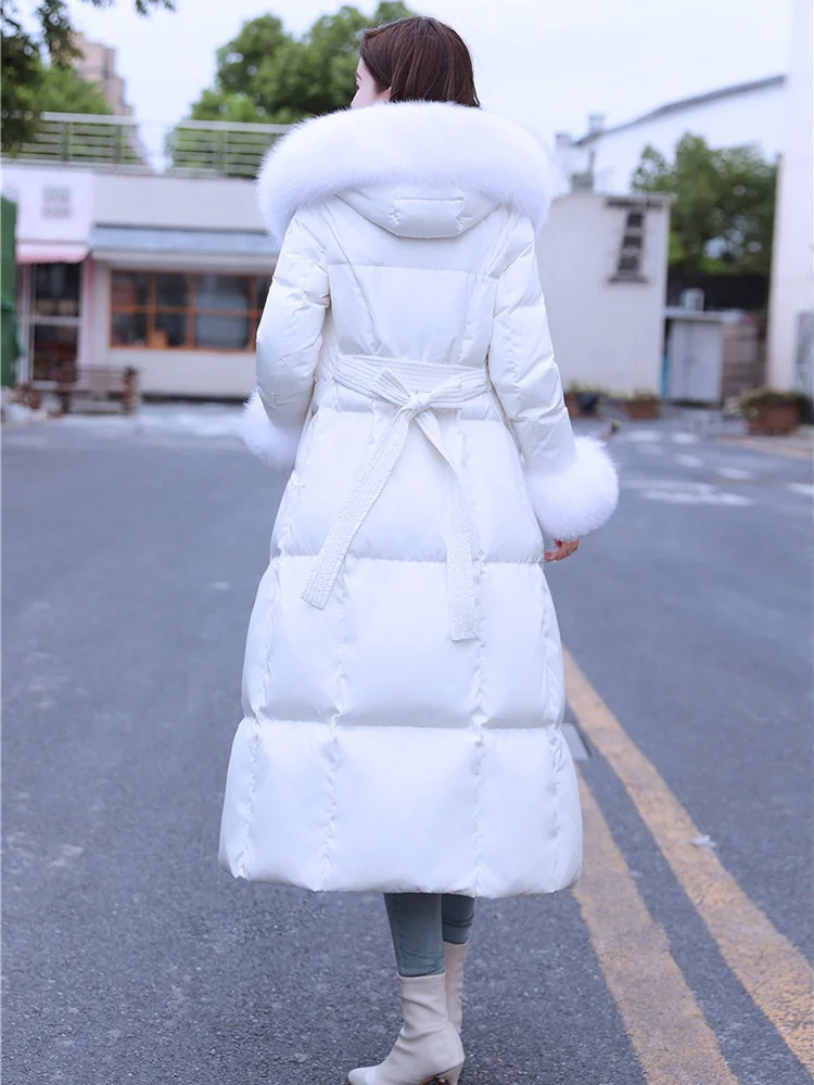 New Women Real Fur Stitching Down Coat Winter Hooded Double Fox Fur Collar Lace-up Belt Slim Thicken Warm Lengthened Down Jacket