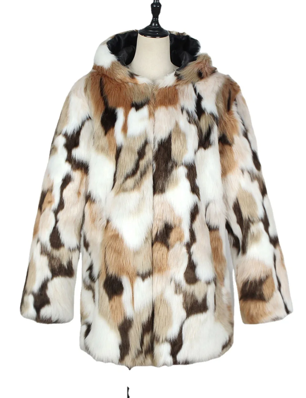 Women's Leather Fur Coat Mid-Length Autumn and Winter Contrast Color Hooded Faux Fur Coat Female Faux Fur Coat