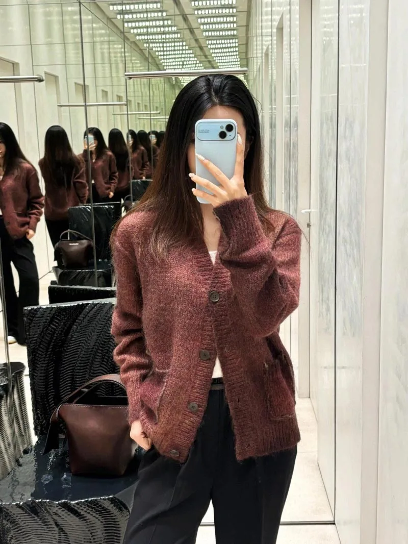 Кардиган для женщин осень 2024 новинка эластичный вязаный топ с v-образным вырезом