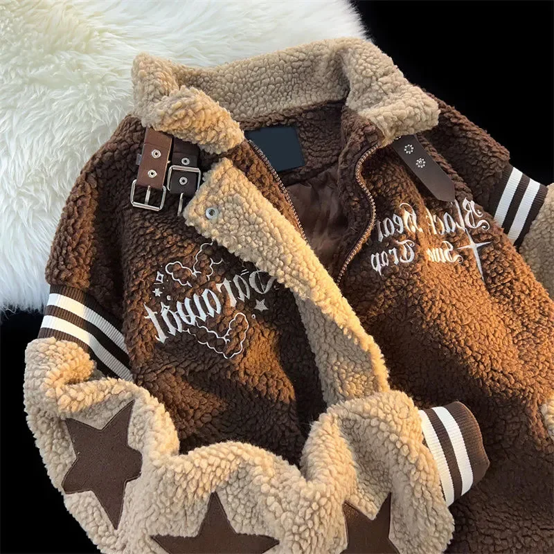 

Lamb wool letter embroidery unique design small fragrance woolen jackets women 2023 cotton jackets couple winter clothes womens