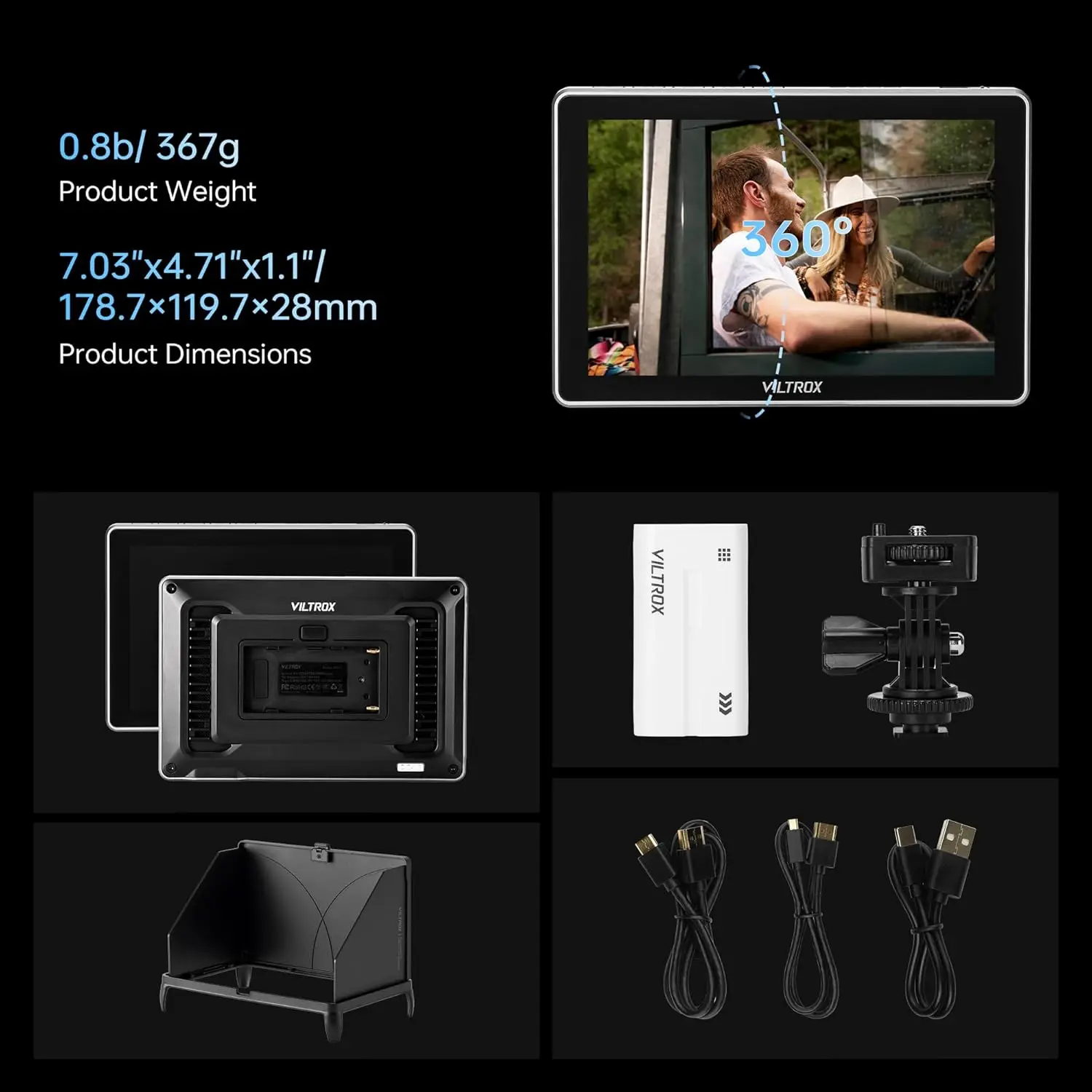 Фото Портативный 7-дюймовый сенсорный монитор VILTROX DC‑L1, вход HDMI 1.4, 3D LUT, векторный анализатор сигнала, защита от солнца для съемки на беззеркальные и зеркальные камеры №5