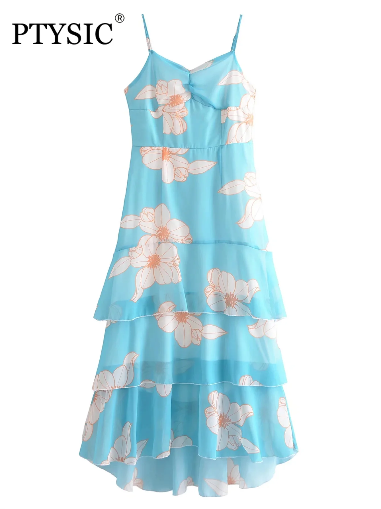 

PTYSIC женское модное синее платье с цветочным принтом каскадные оборки без бретелек платье 2022 Новые Элегантные платья с регулируемыми бретел...