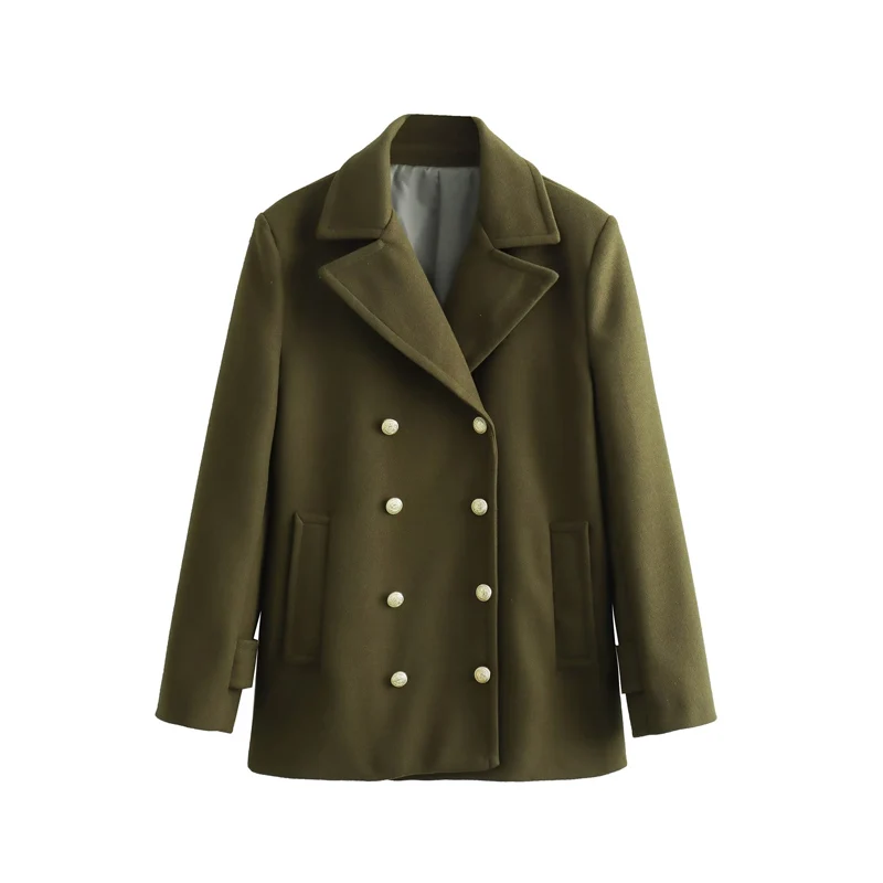 

Модные женские пальто SLTNX TRAF 2023, Женская шикарная двубортная шерстяная куртка с карманами, женская верхняя одежда с отложным воротником