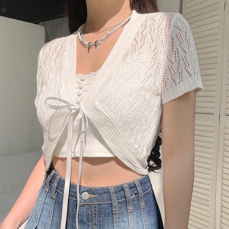 

Summer V-neck lace up hollow out short sleeved knit shirt for women's short woolen jacket