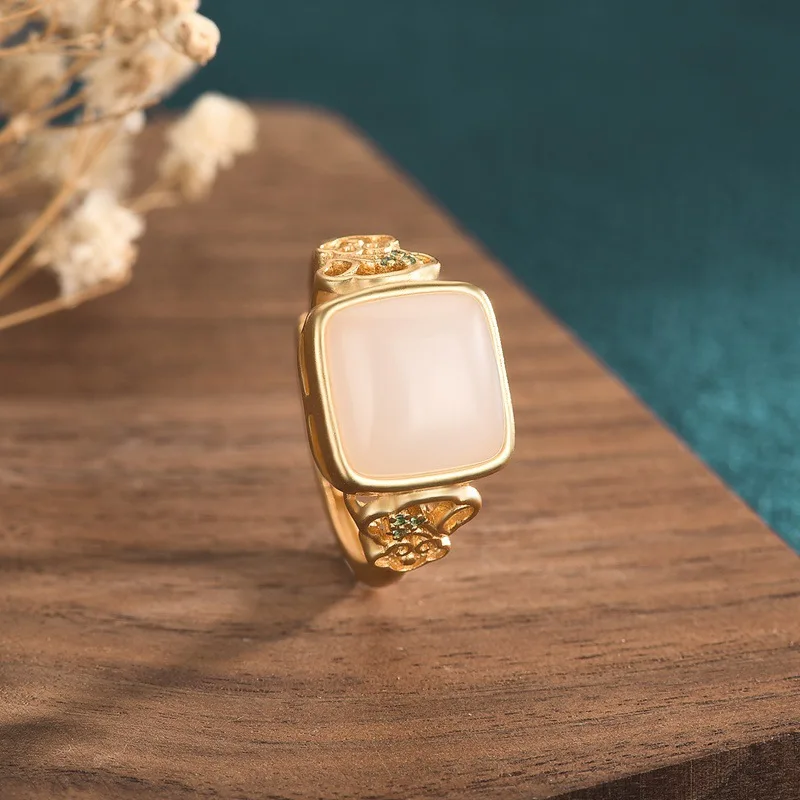 

Jewelry for Woman Ancient Gold Ring Court Style Design Copper Gold Plated Set White Jade Open Ring Women's Wholesale