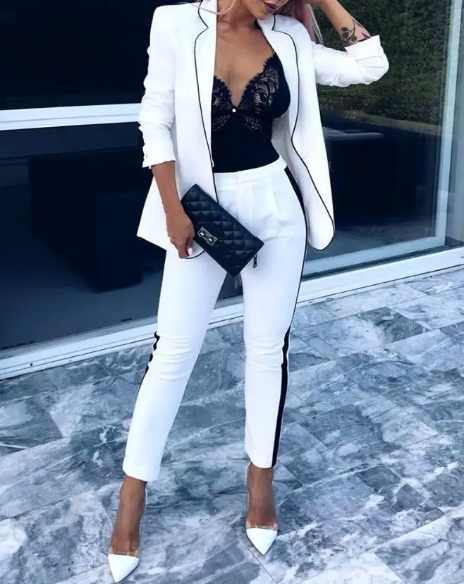 

Elegant Contrast Paneled Blazer Coat Pants Set Two 2 Piece Set for Women 2023 Spring and Autumn Office Style Outfit Tracksuit