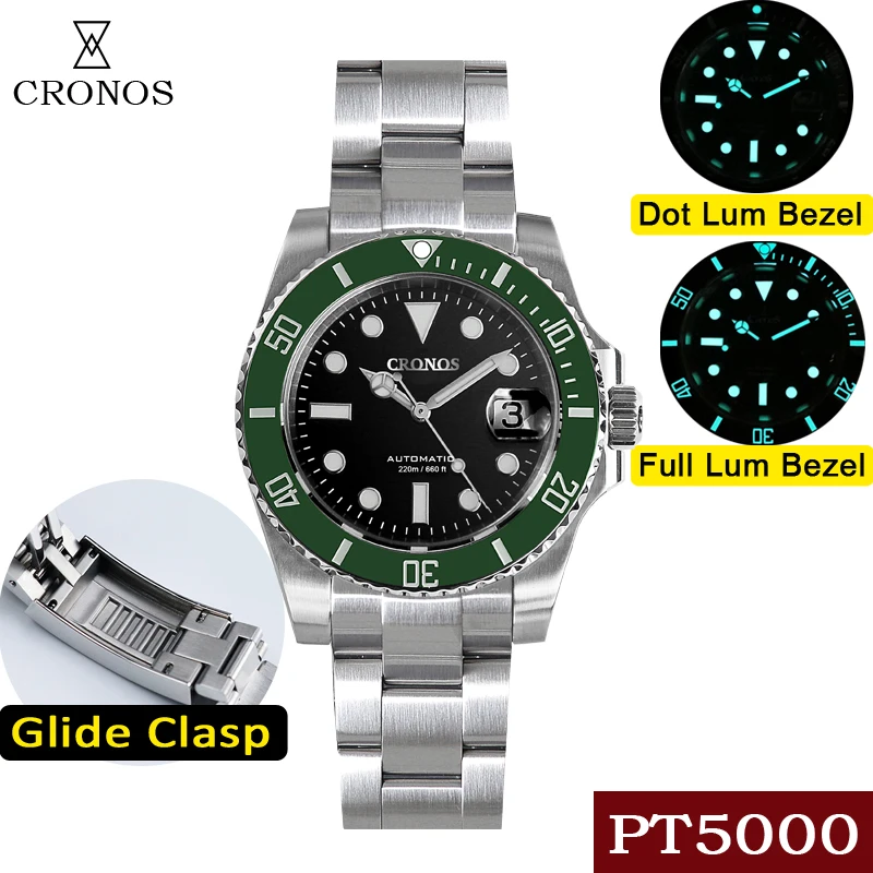 

Cronos Diver Luxury Men Watch Stainless Steel PT5000 Bracelet Ceramic Rotating Bezel 200 meters Water Resistant Glideclasp