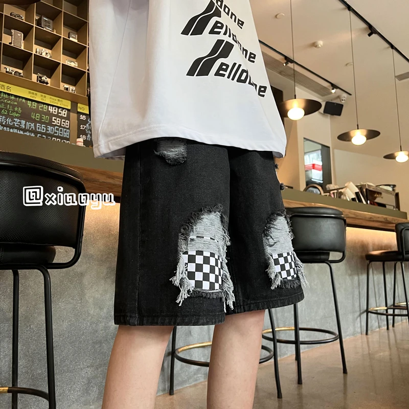 Summer Patchwork Jeans Shorts for Men Korean Fashion Trends Ripped Streetwear Bottoms Teen Baggy Denim Short Pant Casual Clothes