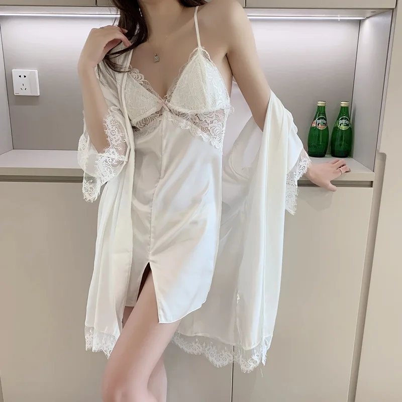 

Women Rayon Twinset Robe Set Sexy Patchwork Hollow Out Lace Nightgown Sleepwear Loose Casual Kimono Bathrobe Gown Home Dress