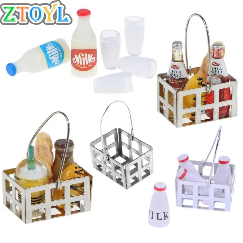

1:12, миниатюрная металлическая корзина для кофе, вина, хлеба, бутылок с молоком + чашка для молока, кукольный домик для завтрака, кухонные аксессуары