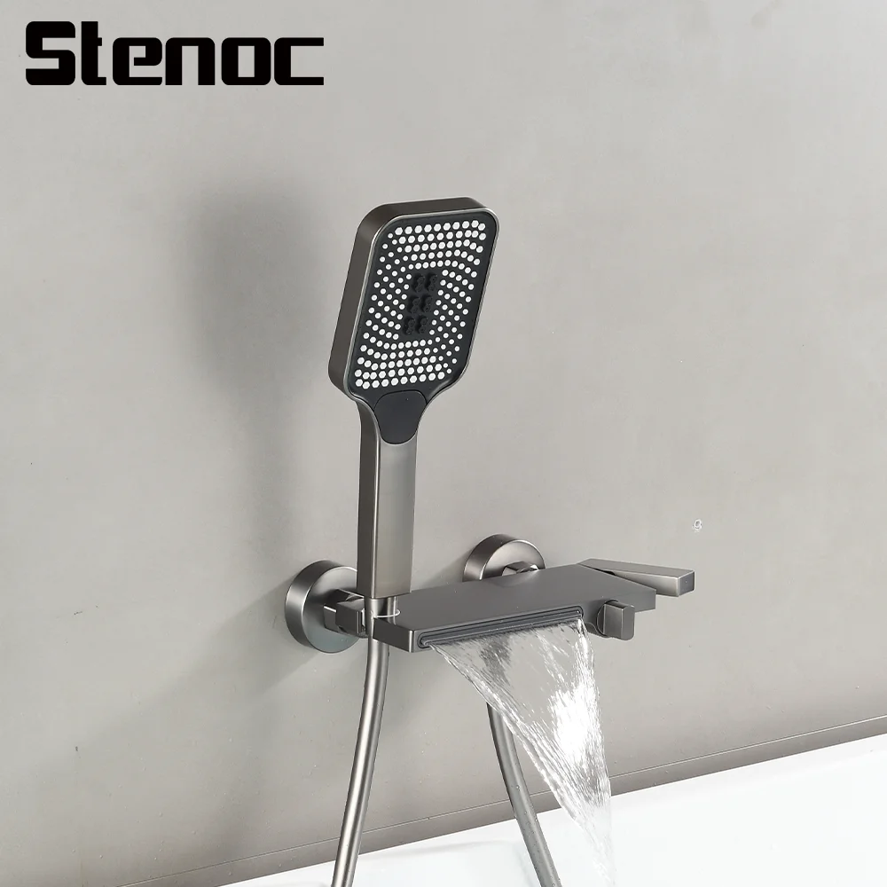Серый латунный современный смеситель для душа с водопадом настенный ручной