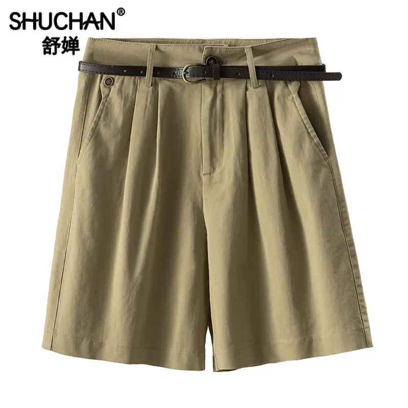 

95% Cotton Safari Style Cargo Pants Knee Length HIGH Pantalones De Playa Mujer Summer Zipper Fly Pleated