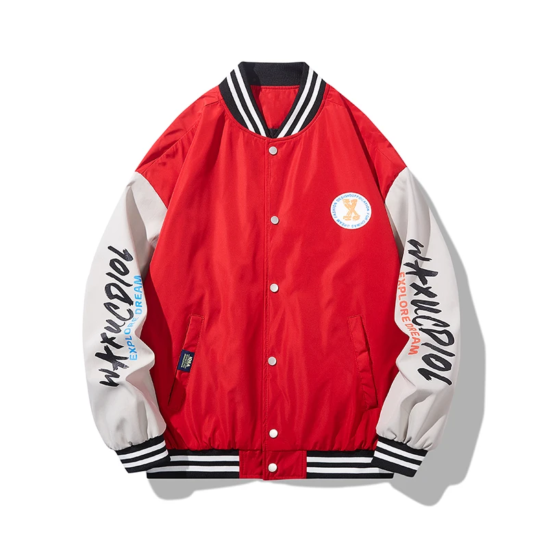 

Red Varsity Jacket Men Print Casual Long Sleeve Y2k Jacket Coat Spring Clothes Vintage Color block Women Pilot Bomber Jacket
