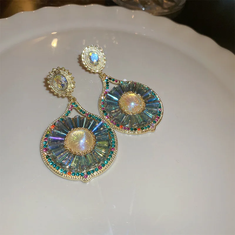 

Minar Hyperbole Full Rhinestones Crystal Drop Dangle Earrings for Women Rainbow Circle Geometric Statement Earring Party Jewelry