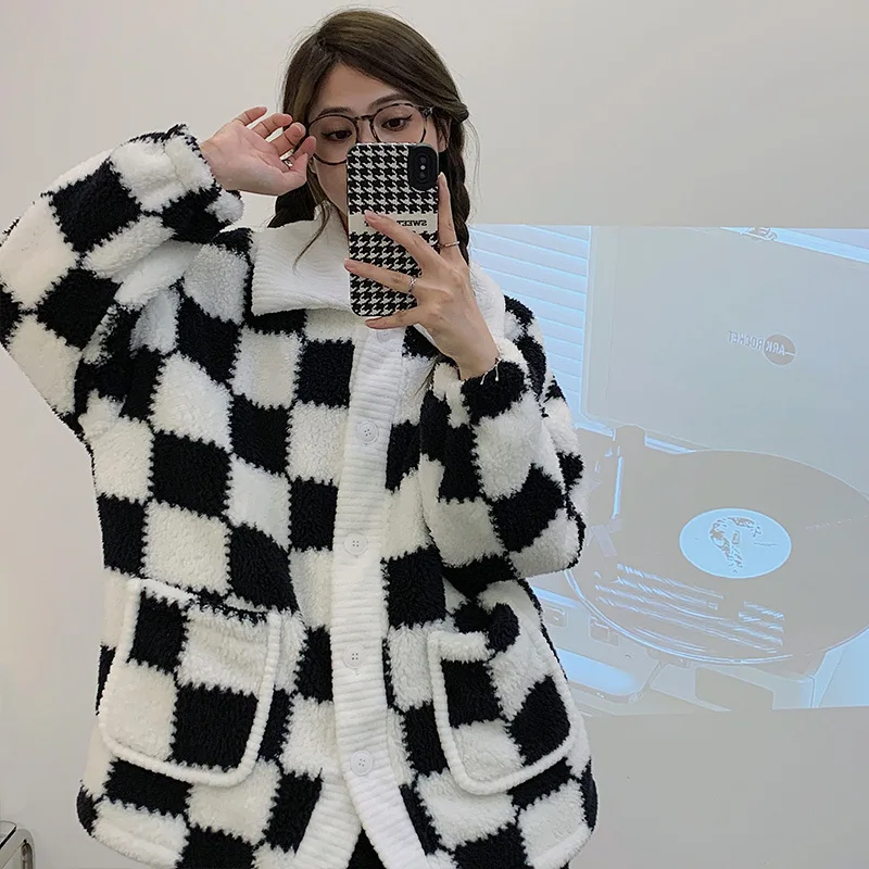 Yasuk Autumn Winter Cute Women's Casual Lovely Sweet Plaid Warm Soft Sleepwear Loose Pajamas With Pants Flannel Pullover Pink