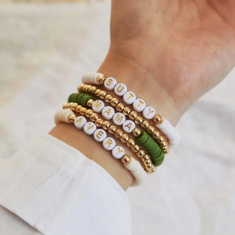 

2022 New 5pcs Heart Bracelets Set Gold Color Beaded Green Bracelet For Women Polymer Clay RUBY MAMA Letter Name Jewelry