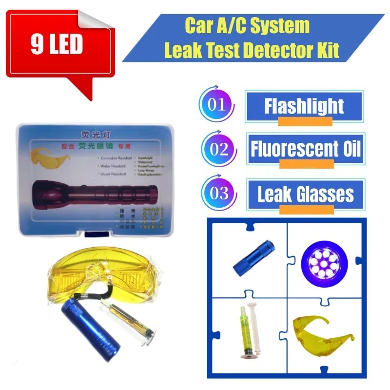 

Car Air Conditioning A/C System Leak Test Detector Kit 9 LED UV Flashlight Protective Glasses UV Dye Tool Set Dropshipping