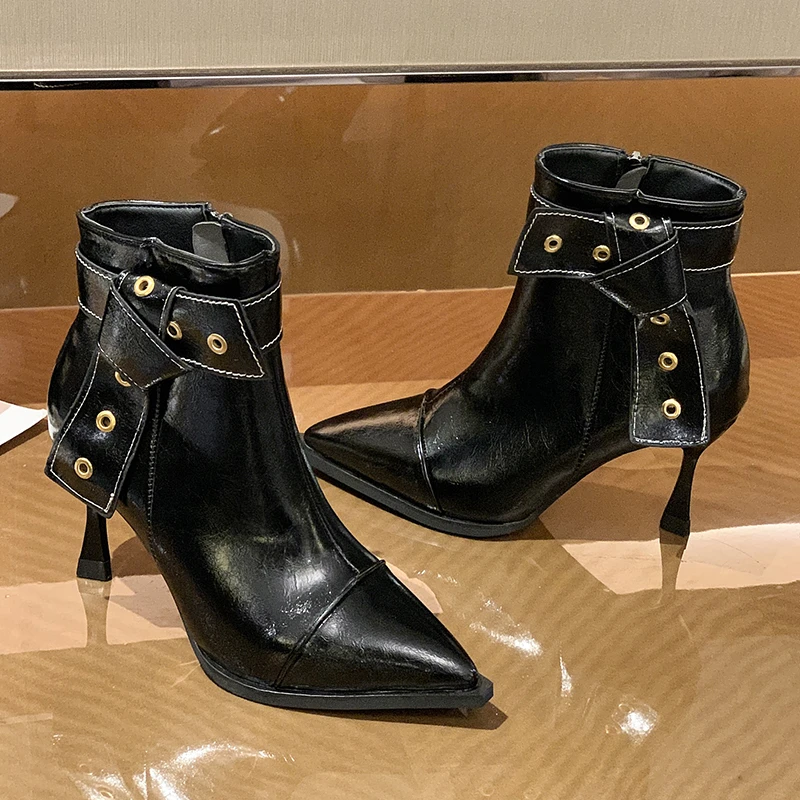 

Красивая популярная кожаная обувь с острым носком, женские ботильоны, обувь на весну и осень, женские ботинки на высоком каблуке, женские мо...
