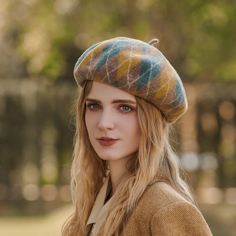 

2022 NEW Wool Beret Leisure Autumn Winter Warm Berets Retro Plaid Painter Hat