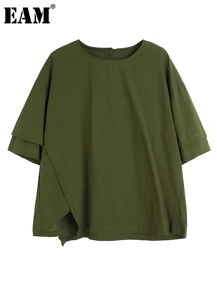 

[EAM] Women Army Green Button Irregular Big Size T-shirt New Round Neck Short Sleeve Fashion Tide Spring Summer 2022 1DE7666