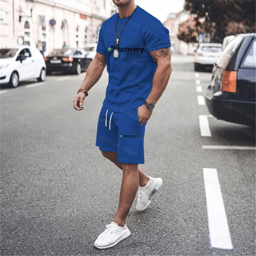 Men's Alphabet Discovery Personality Print O Neck Short Sleeve Drawstring Shorts Two Piece Fashion Casual Sports Suit Plus Size