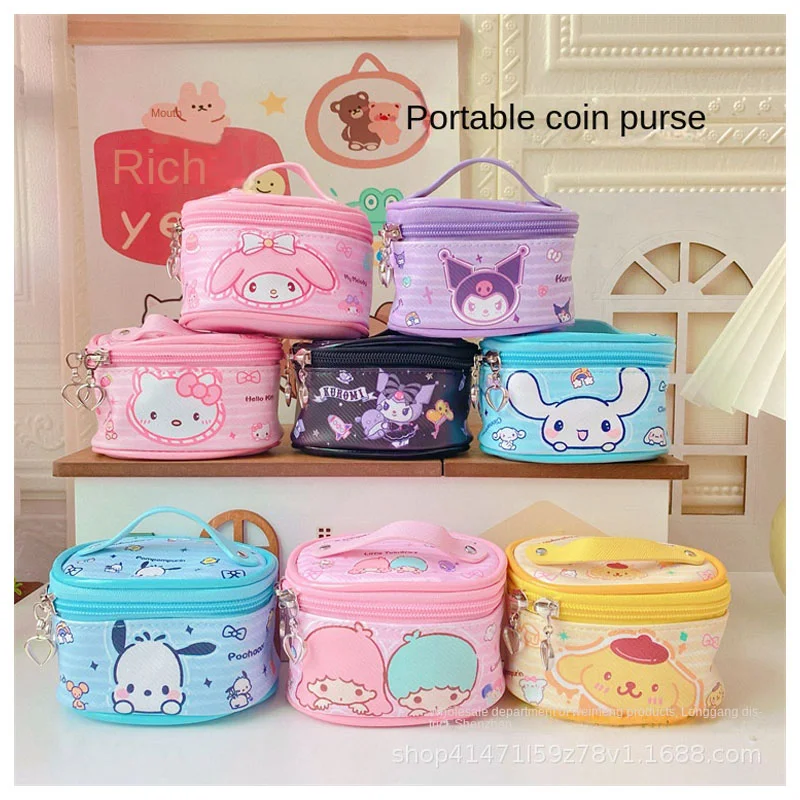 

Круглая косметичка Kawaii из искусственной кожи с аниме Sanrioed, мультяшная Милая Портативная сумка для хранения My Melody Cinnamoroll Kuromi Hellokittys, подарок д...