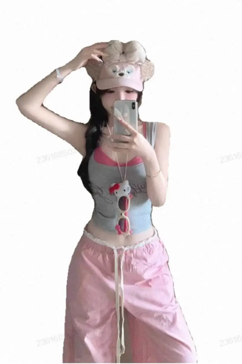 Stacked Fake Two Pieces Inner wear Cami Women Summer Outer Wear Sleeveless Design Sense Short Sweet Gyaru Top