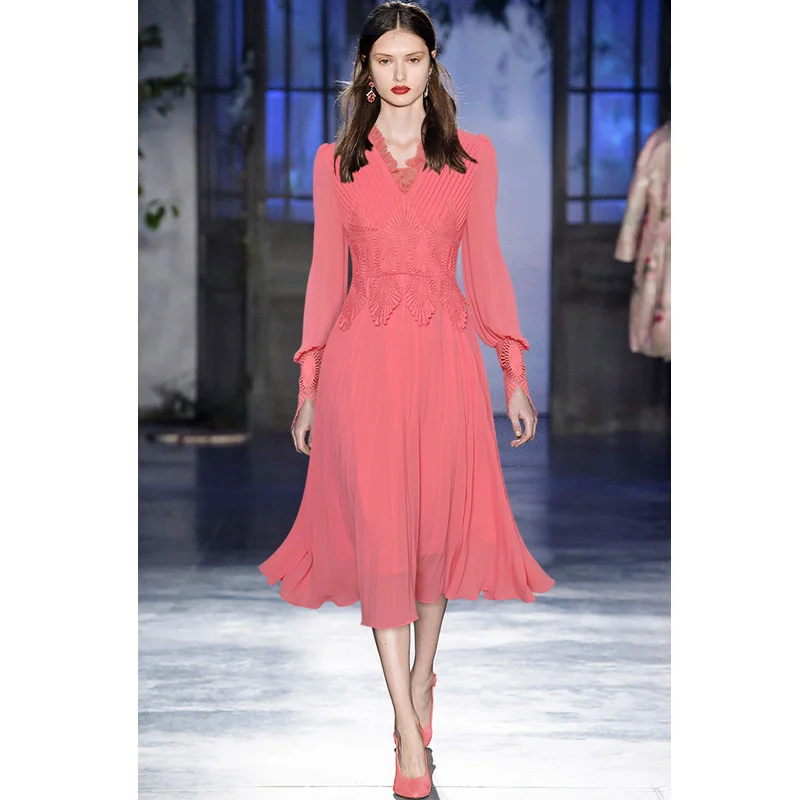Janeyiren Fashion Designer Dress Spring Women Dress V-neck Lantern Sleeve Pendant Lace patchwork pleated pink dress
