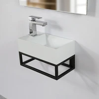 solid surface small wall hung washbasin with stainless steel shelf square mini basin for balcony solid surface tiny washbasin