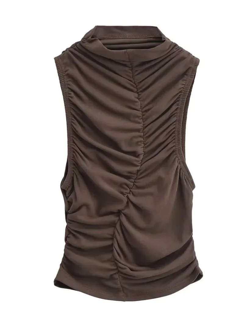 Новый летний плиссированный жилет без рукавов с воротником-стойкой 2024 женский