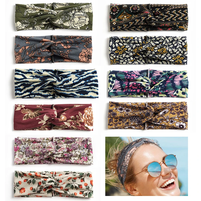 

Повседневная широкая спортивная повязка для волос с принтом в стиле бохо повязки на голову винтажный узел головной убор Эластичный Тюрбан ...