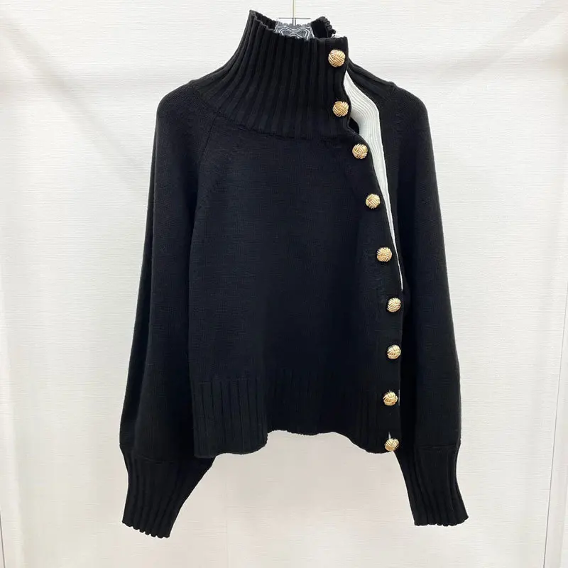 

23 Runway Wool Knitted Pullovers Fashion Singel Breasted High Collar Letter Embroidered Black Sweater Women Top Quality Colthes