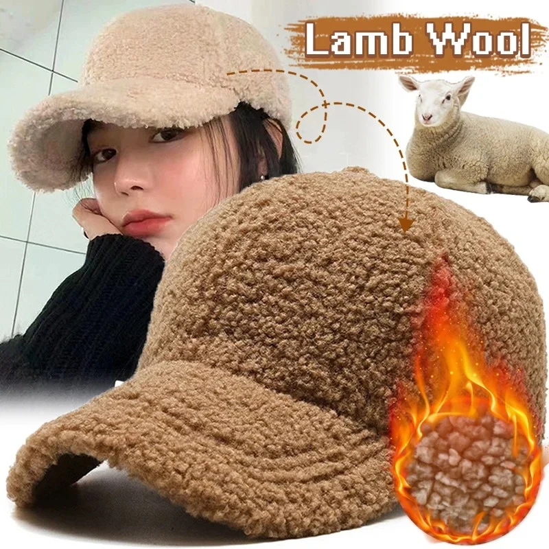 

Winter Lamb Fur Hat Baseball Cap Plsuh Solid Women Sun Hat Lady Girls Outdoor Warm Furry Caps Adjustable Trucker Dad Cap