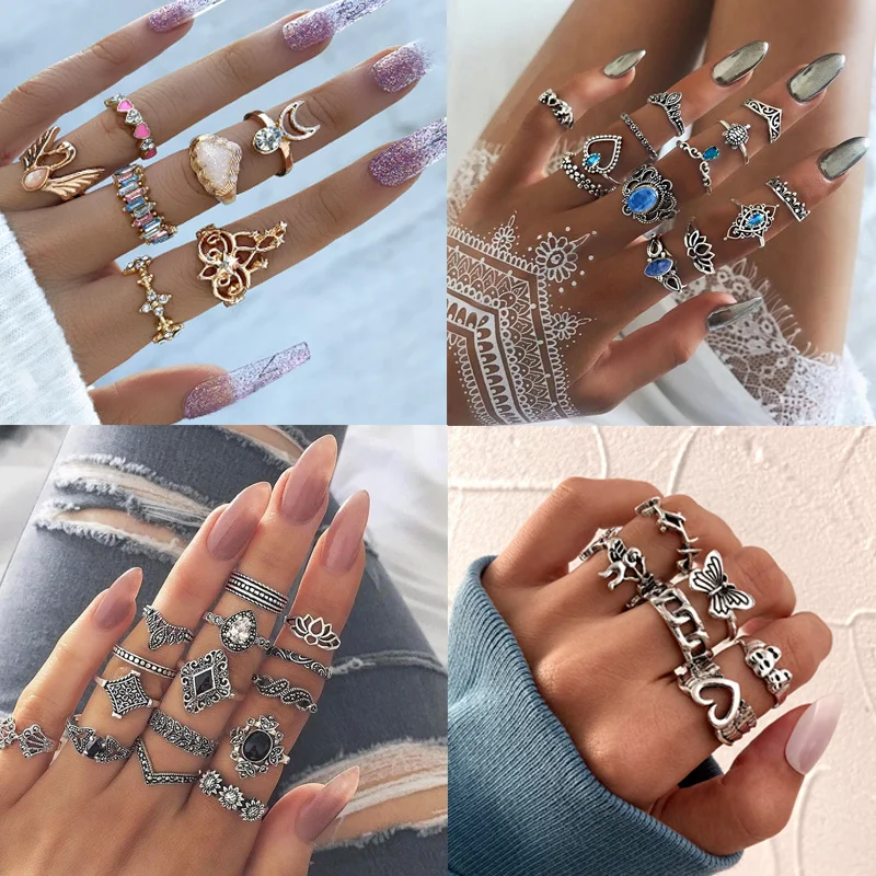 

7 Piece Vintage Heart Rings Set Women's Zircon Crystal Bohemian Ring Fashion White Cloud Swan Moon Elegant Banquet Jewelry Gift