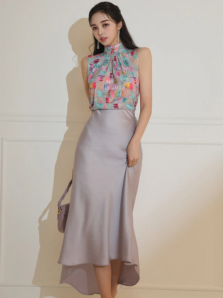 

Elegant Sweet Chiffon Lace Up Loose Tops Shirt Blouse Women Casual Satin Ruffle Mermaid Long Skirt Set Party 2 Pieces Outfits