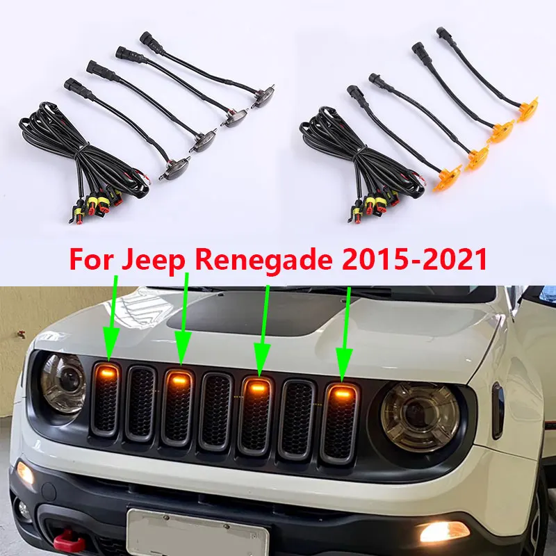 For Jeep Renegade 2015 2016 2017 2018 2019 2020 2021 LED Car Front Grille Amber Light Raptor Style Lamp Kit 4Pcs/Set