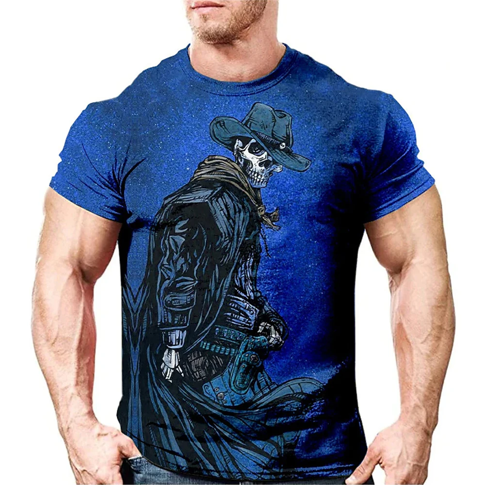 

Summer Hip Hop Skulls Cowboy Print Men's T Shirts Breathable Polyester O-Neck Short Sleeve Loose Tees Casual Men Clothing 6XL