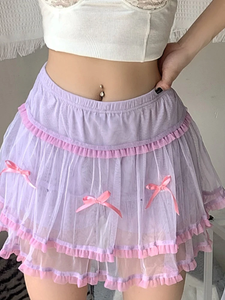 

Y2k Bow Cute Sweet Pleated Skirts Ball Gown Prepply Low Waisted Skirts Women Purple Fairycore Cosplay Miini Skirts 90s
