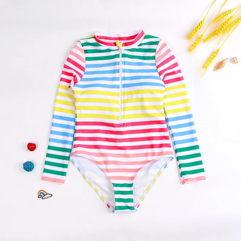 

Girl One Piece Swimsuit Colorful Striped Teen Kids Swimwear Long Sleeve Sunscreen Swimsuit for School Children Training Swimwear